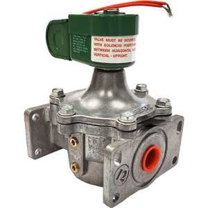 Large metal gas solenoid valve with green coil and flanges