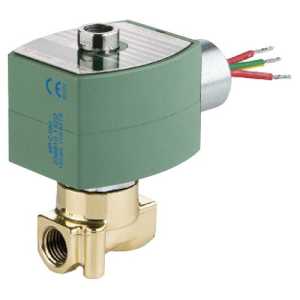 Brass solenoid valve with green coil and multi‑colored wires.