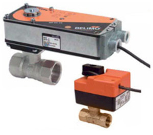 Two orange motorized ball valve actuators mounted on brass valves, one large one small