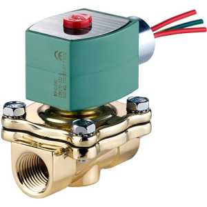 Shiny brass solenoid valve with green coil housing on top and red, green, blue wires