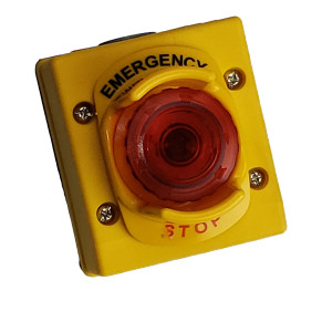 Yellow emergency stop button with a large red pushbutton.