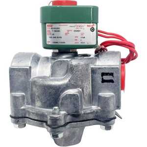 compact metal valve body topped with a green coil and two red wires