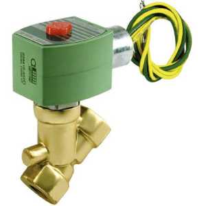 Compact brass Y-shaped solenoid valve featuring a green coil on top with a red button and attached yellow and green electrical leads