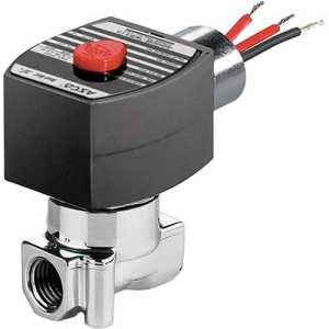 Shiny metal solenoid valve with black rectangular coil, red cap and red and black wires