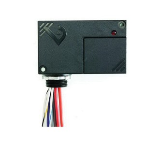 A black plastic control module featuring a small red indicator light and an embossed logo; numerous red, white, and colored wires extend from the metal connector at the bottom; the device is set against a white background.