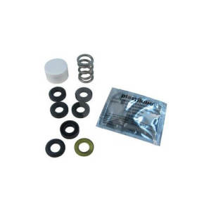 A collection of small components comprising several black and one brass washer, two metal coil springs, a white cap, and a sealed packet of grease.