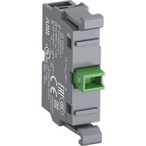 Compact gray modular device with green connector and printed CE markings.