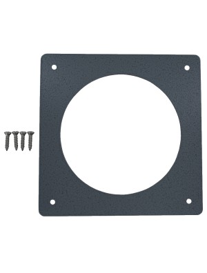 Square mounting plate with large round opening and four corner holes with screws