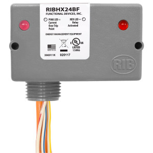 Grey rectangular housing labeled RIBHX24BF with two colored LEDs and multicolored wires exiting bottom.