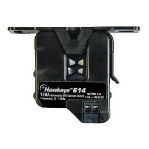 Black rectangular current switch labeled Hawkeye 614 with hinged clamp and two terminal screws.