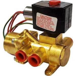 Golden four‑way valve with two red-rimmed ports and a black solenoid housing on top with a red button and caution sticker, plus coloured wires extending from the side.