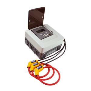 Square grey device with a dark hinged lid revealing a digital display and buttons; attached are three yellow clamp sensors connected by red cables.