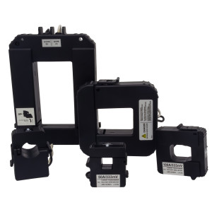 Collection of black clamp-on current transformers of various sizes, each with a square or rectangular opening and identification labels, arranged on a white background.