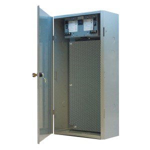 Grey industrial control panel with perforated interior and two breakers.