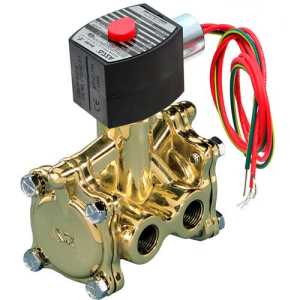 A golden solenoid valve with three ports and a black actuator coil on top with a red cap and a bundle of red, green, and yellow wires.