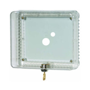 Transparent square plastic cover with two circular cutouts, hinged door and a small key lock at bottom.