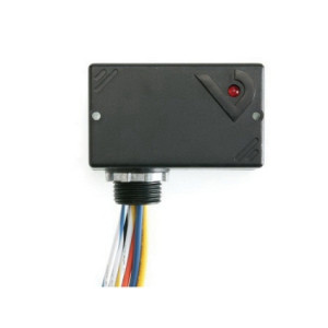 Small black rectangular module with red LED in corner and bundle of colored wires exiting bottom.