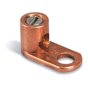 Small rectangular copper block with a hole for a bolt and a slot for wire insertion