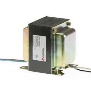 Large rectangular transformer with a black center section and shiny metal covers on the sides; wires protrude from either end.