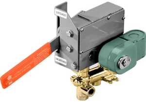 Mechanical gas valve assembly with a brass body and attached grey housing; includes an orange lever labeled latched and unlatched, and a green solenoid actuator.