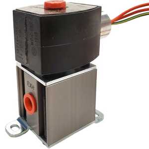 Compact solenoid valve with square metallic body and black coil top with red manual button and colored wires