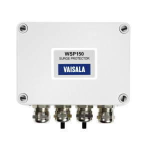 White square enclosure labeled WSP150 surge protector with four metal cable connectors lined across the bottom.