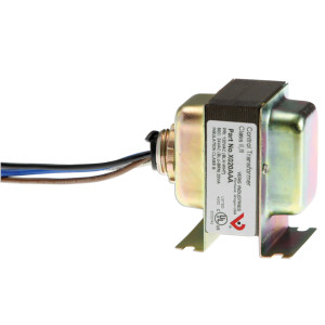 Small rectangular transformer with a shiny metal case, mounting bracket and blue and brown wires exiting one end