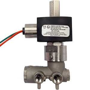 A rugged metal valve assembly with a black solenoid box on top, cylindrical actuator, and a T-shaped lower body containing two threaded ports.