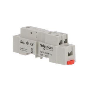 Grey modular relay base labeled 70-781D5R-1A with two terminal slots and red release latch