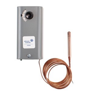 Grey rectangular thermostat box with a small black dial and a long coiled copper capillary ending in a cylindrical bulb.