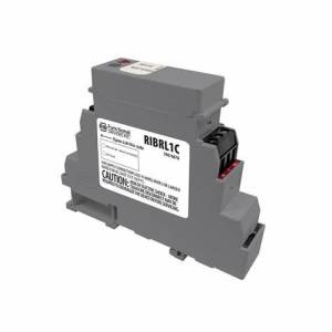 Grey rectangular relay module designed for DIN-rail mounting with a white caution label and terminal block.