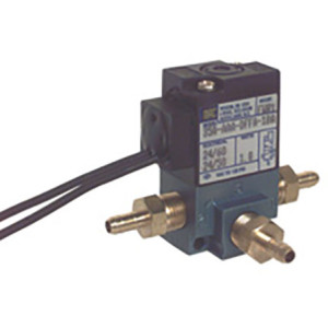 Small blue solenoid valve with three brass barbed fittings and a black coil housing with two black wires.