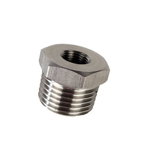 Shiny metal fitting with external threads and an internal threaded hole, shaped like a hexagon.