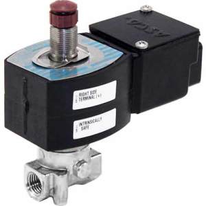 Stainless solenoid valve with black housing and red override button.