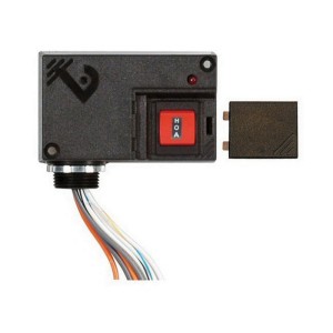 A small black device with a square red switch labeled HOA and several colored wires extending from the bottom, shown alongside a separate black cap.