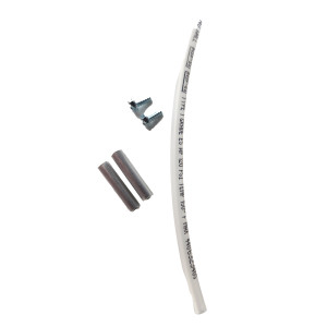 Kit with white wire, screws and metal sleeves.