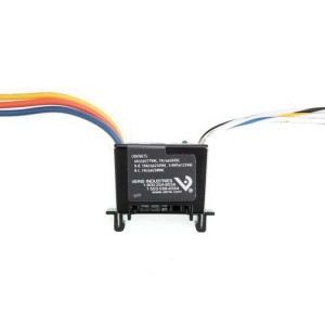 Small black relay block with colored wires extending from both ends and white lettering on the body