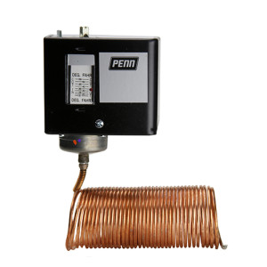 Black temperature controller with small window showing Fahrenheit scale; copper capillary tube coiled beneath.