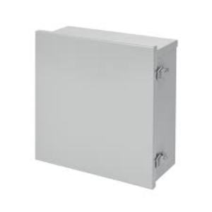 Grey rectangular metal enclosure with two latch clamps on the right side