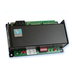 Long rectangular black module on a green board with multiple red and green lights and a row of small switches.