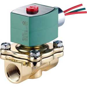 A gold-colored metal valve body with a green rectangular coil and three colored wires extending from the top, used to control fluid flow electrically.
