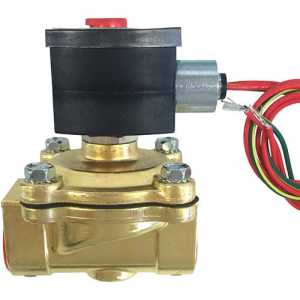 photo of a brass solenoid valve with a black cylindrical coil on top, red cap, and colored wiring, featuring four hex bolts on the body