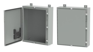 Grey rectangular enclosure with hinged door and latch clamps; one unit open to show interior, one closed