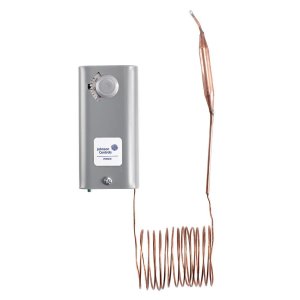 Tall grey control box with small knob and a long coiled copper capillary attached to an elongated copper bulb.