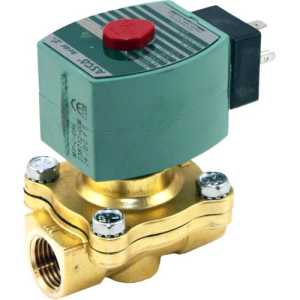 brass solenoid valve with green actuator housing featuring a red button and attached two-prong plug; the brass body has four hex bolts securing it
