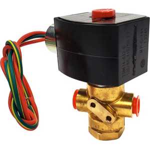 Brass valve with four ports, topped by a black square coil with red button and a bundle of colored wires