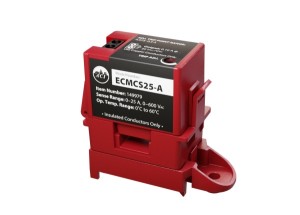 Bright red plastic current sensor housing with an open slot for the conductor and a molded mounting base