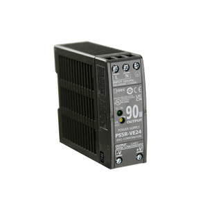 Black ribbed DIN-rail mount power supply labeled 90W with screw terminals and LED indicator