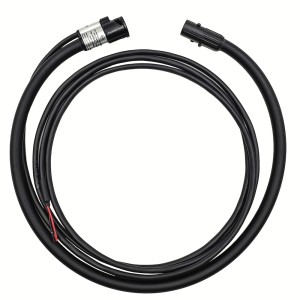Circular flexible black cable assembly forming a loop with a cylindrical connector at one end and red and black stripped lead wires at the other, used as a Rogowski current sensor.