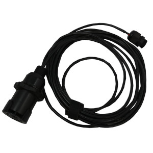 Black cylindrical sensor connected to a lengthy coiled black cable with a small plug at the end, secured with a hook-and-loop strap.